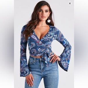 Windsor Blue Paisley Wrap Crop Top